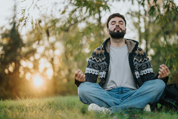 Man meditating outdoors at sunset in a peaceful natural setting