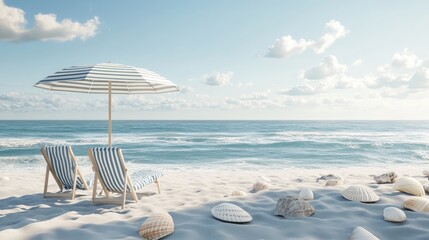 Obraz premium Serene Beach Chairs Under Umbrella on Calm Ocean Shoreline