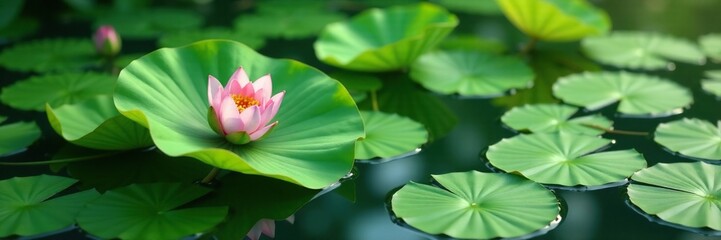 Obraz premium Delicate green lotus leaves float on the water's surface, leaves, flowers