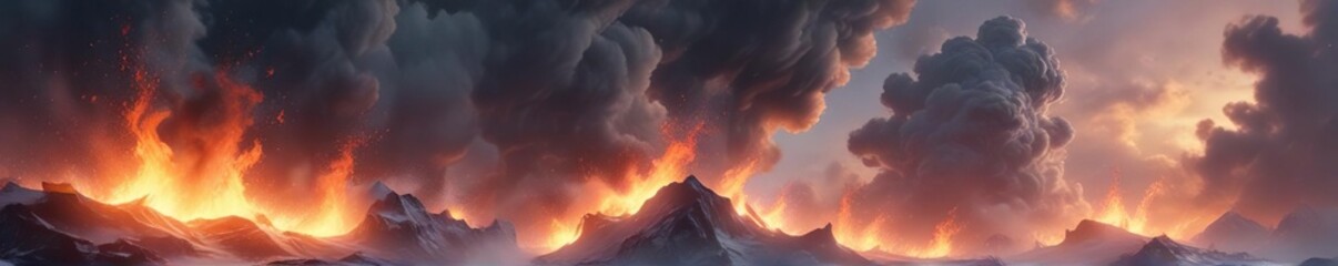 Fototapeta premium Dance of swirling flames and frosty mists amidst clouds, whimsical, cloudlike, Swirling flames frosty mists dance movement fluid motion