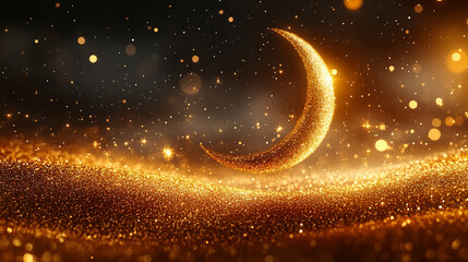 crescent moon and star shine brightly on a sparkling glitter background with a soft bokeh effect symbolizing guidance dreams spirituality hope elegance light and celestial wonder in silver and gold to