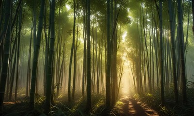 Dense bamboo grove with sunbeams illuminating the interior and filtering through to the outside, forest canopy, natural ambiance