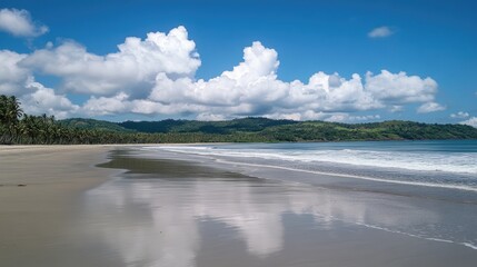 Obraz premium Serene Beach Landscape with Reflection and Lush Green Mountains