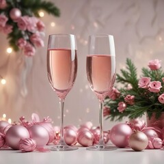 Festive arrangement with delicate pink Christmas decorations and champagne,  seasonal decor,  sparkling wine,  luxury