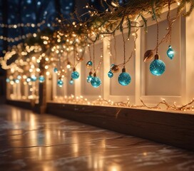 Winter wonderland with rose gold and turquoise ornaments illuminated by warm golden string lights and glittering fairy lights, string lights, snowy landscape, holiday decor