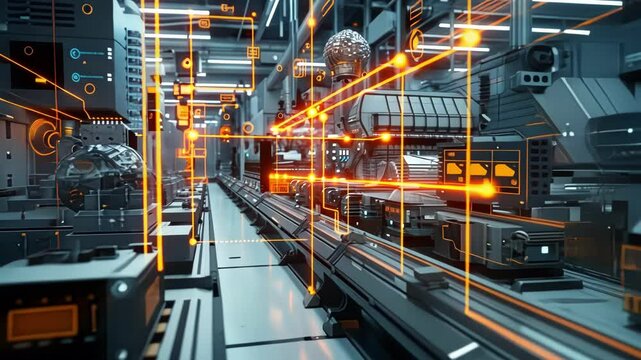 Orange digital data flowing through automated production line managing industrial manufacturing process in modern factory, showcasing future technologies and innovation in manufacturing