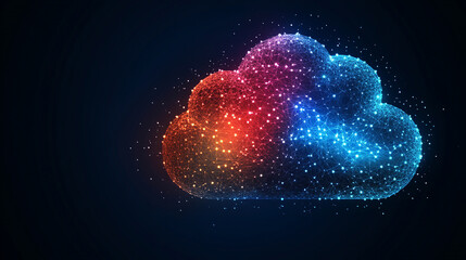 Futuristic 3D illustration of a polygonal network symbolizing cloud computing, blockchain, and digital currency. Interconnected nodes glow brightly on a silver, gold, and white abstract tech backgroun