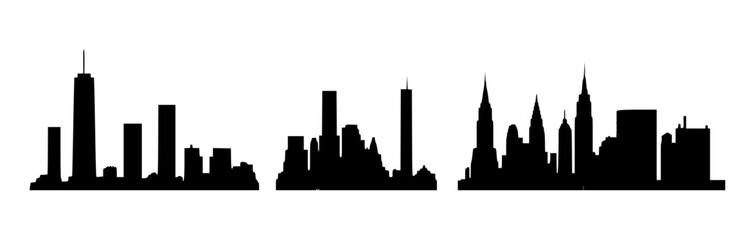 A silhouette of a city skyline featuring various architectural styles and heights.