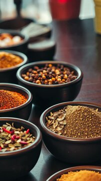 Vibrant assortment of spices displayed in bowls on a wooden table showcasing culinary diversity and flavors