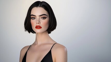 Portrait of a young woman with bob haircut, red lipstick, and subtle eye makeup against a light gray background.