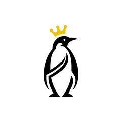 Emperor penguin with golden crown vector logo 