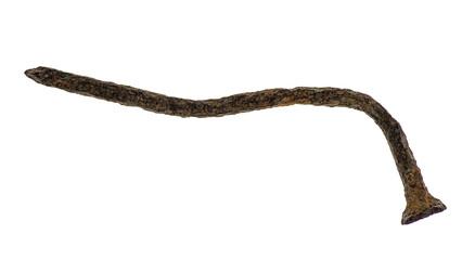 Old rusty bent nail. Isolated on white