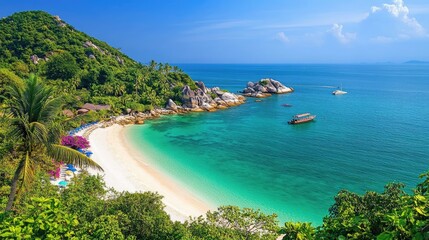 Fototapeta premium Tranquil Beach with Clear Water and Lush Greenery in Paradise