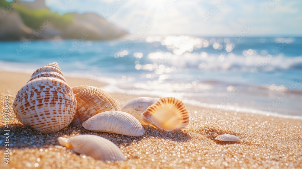 Poster close-up view of beautiful shells on beach with soft ocean wave