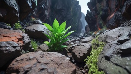 Green shoot emerging from a volcanic rock crevice, volcanic landform, natural phenomenon
