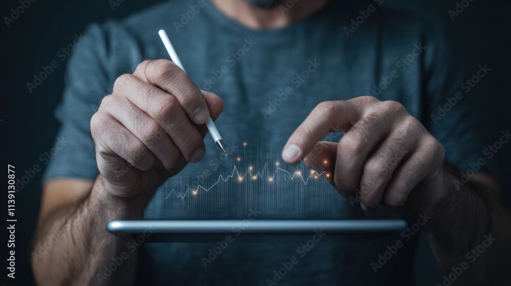 Aufkleber a person using a stylus on a tablet, creating a digital visualization with sparkles, showcasing tech
