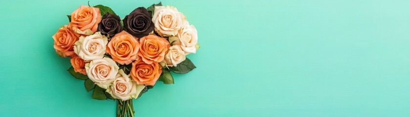 Fototapeta premium Heart-Shaped Arrangement of Beautiful Roses in Various Shades on a Vibrant Teal Background Ideal for Celebrations and Special Occasions