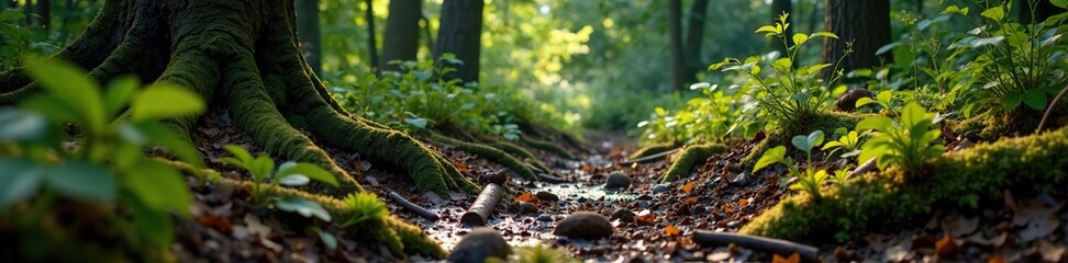 Obraz premium Muddy forest floor with decaying logs and ferns, grunge atmosphere, brown