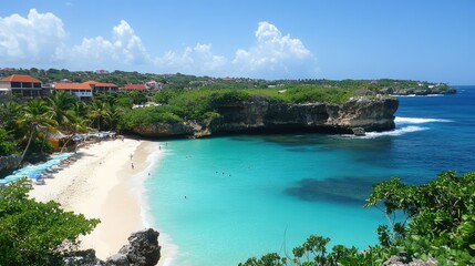Fototapeta premium Serene Beach with Clear Turquoise Water and Lush Green Cliffs