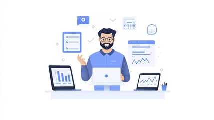 A digital illustration of a man working with laptops, depicting data analytics and business insights in a clean, modern office environment.