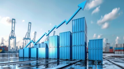 A dynamic representation of the shipping industry's growth with stacked blue cargo containers forming an upward graph and a rising arrow. The background includes port cranes and a clear sky, symbolizi