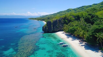 Fototapeta premium Serene Tropical Beach with Clear Water and Lush Greenery