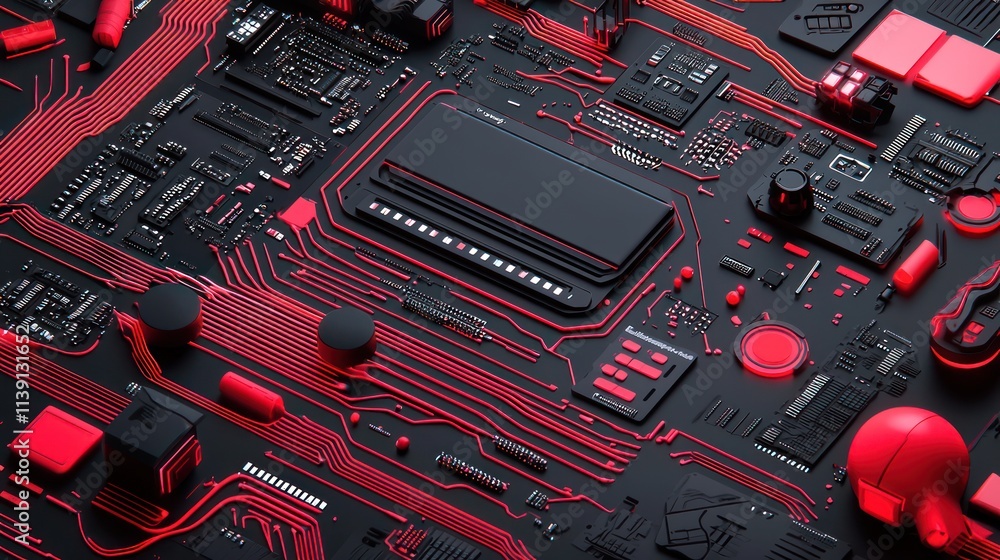 Poster a close-up of a black circuit board with intricate red circuitry and various electronic components, 