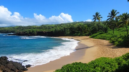 Scenic Tropical Beach with Clear Water and Lush Greenery