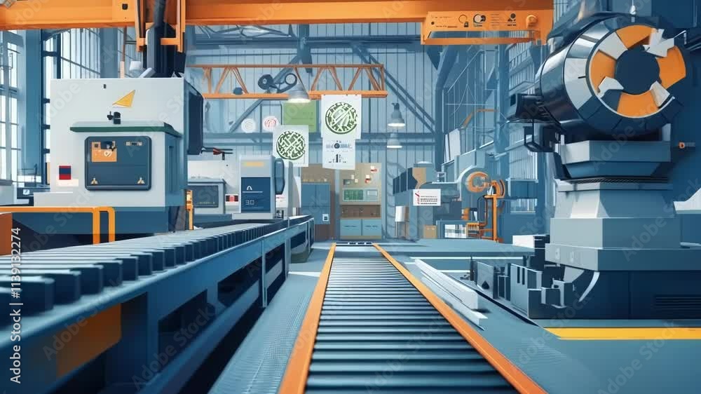 Poster camera moves forward through an empty factory, showcasing innovative industrial machines and advance