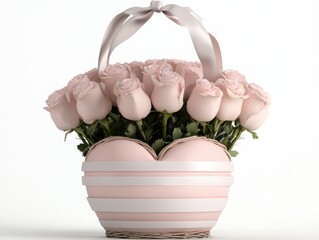 Elegant Heart-Shaped Basket Filled with Soft Pink Roses and Green Foliage, Perfect for Romantic Occasions, Anniversaries, or Special Celebrations