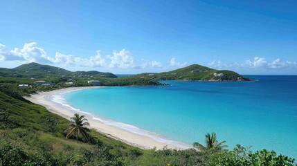 Fototapeta premium Serene Beach Landscape with Turquoise Waters and Lush Green Hills