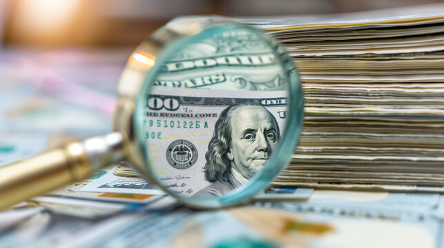 Close-up of magnifying glass examining stack of financial documents, symbolizing bank supervision and regulatory oversight, professional financial audit concept.