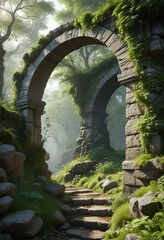 Overgrown stone arch with moss and vegetation, natural elements, weathered wood, greenery