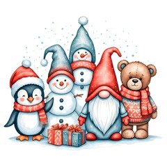 A digital illustration of a group of winter Christmas characters: a penguin, two snowmen, a gnome and a teddy bear, along with presents, on a white background with falling snowflakes