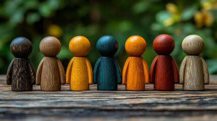 Fototapeta premium Groups of multicolored wooden figures symbolizing market segmentation target audience customer care and customer relationship management with a blurred background representing chaos