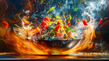 Fiery Wok Explosion of Vibrant Asian Cuisine in Dramatic Culinary Action  Sizzling hot pan with flames smoke and flying ingredients creating an energetic and dynamic food scene