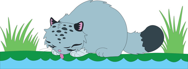 cute, wild, cat, pallas's, sits, looks, intently, ant, that, passes, near, his, paws, cartoon, illustration, mammal, zoo, animal, vector, fur, wildlife, carnivore, kitten, wildcat, character, clip art
