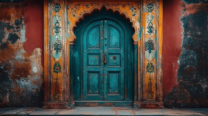 Obraz premium Ornate turquoise wooden door in aged building.