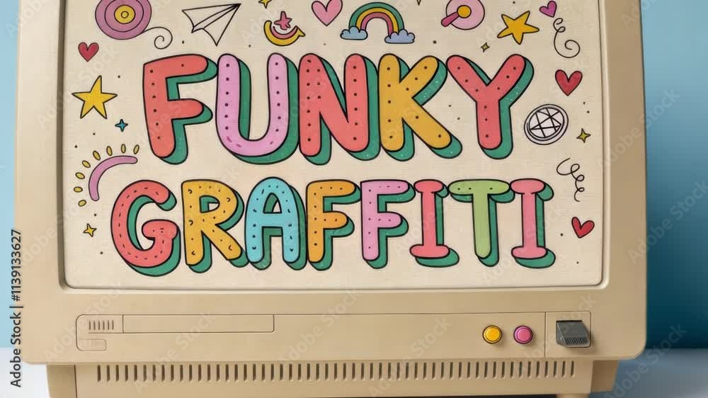 Poster funky lines and swirls a nostalgic beige computer screen showcases funky graffiti letters in an arra