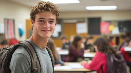 Fototapeta premium A handsome young male student in a high school classroom, smiling and looking at the camera, wearing a backpack. groups of students sitting around the tables working on a project in the background.