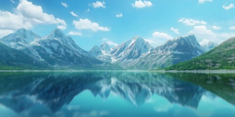 Fototapeta premium Alpine lake mountain landscape surrounded by evergreen forest and sky