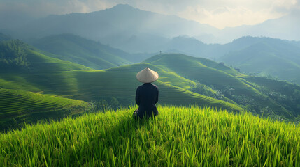 Fototapeta premium Panoramic view of lush rice terrace fields in North Vietnam bathed in golden sunlight. Symbolizing harmony, growth, and resilience, the terraces reflect human connection with nature and perseverance