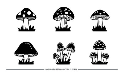 A collection of six black and white mushroom illustrations with grass accents.