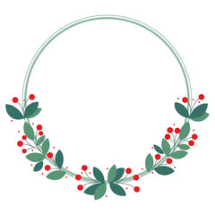 Circle Frame With Beautiful Green Leaves And Red Cherry Berries