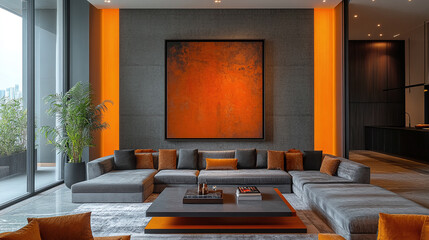 Minimalistic indoors living room interior design in orange and dark gray colors. luxurious elegant table in the middle, abstract framed glossy wall art behind the elegant and comfortable sofa couch.