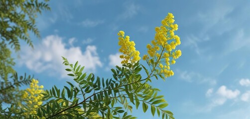 Single green Acacia leaf with yellow bloom and light blue sky in the background, flowers, flower details