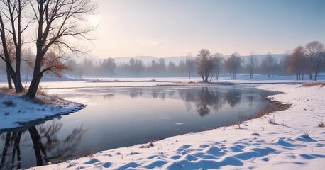 Snow-covered fields with bare trees and a frozen lake in the background, cold weather, serene landscape