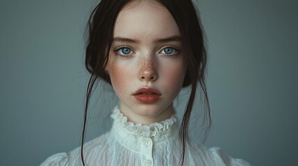 Portrait of a young woman with freckles and blue eyes, wearing a white blouse.