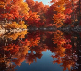 Vibrant orange and red tones of autumn leaves mirrored in the calm lake waters, Lake reflection, Orange tones