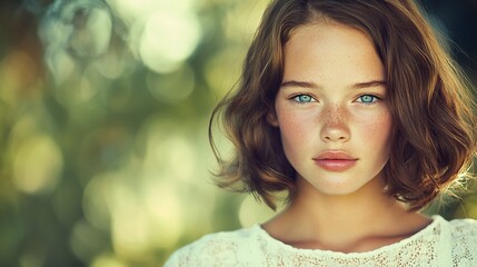 Naklejka premium Portrait of a young woman with freckles and blue eyes, outdoors.